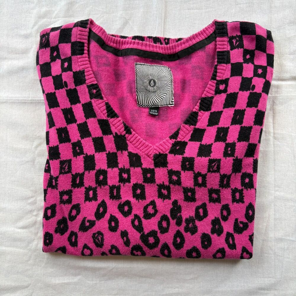 Volcom Girls 14 Pink Black Leopard Checkerboard V Neck Sweater Y2K